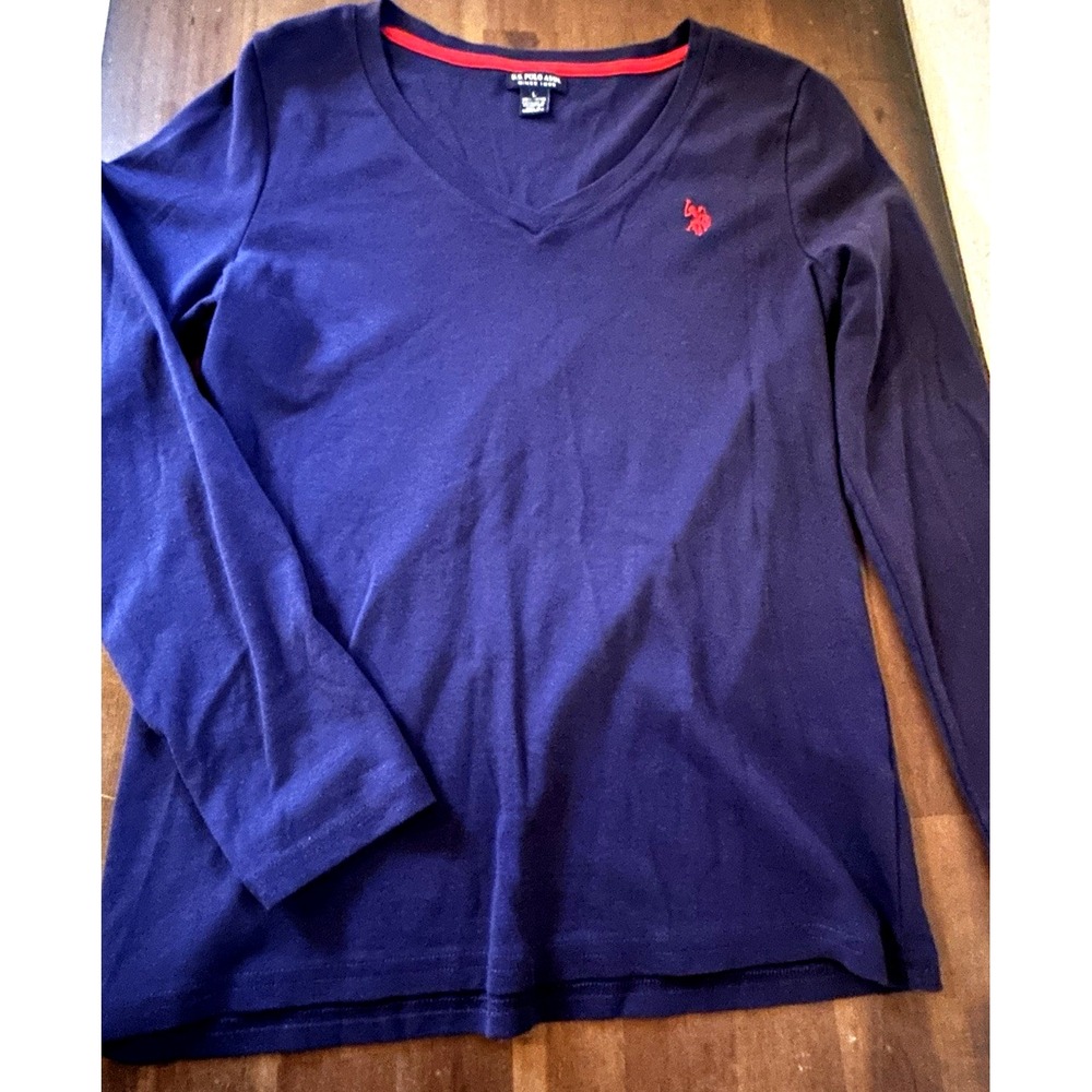 U.S. Polo Assn. Navy Blue Women's Size Large V Neck Long Sleeve Tee Shirt NWOT